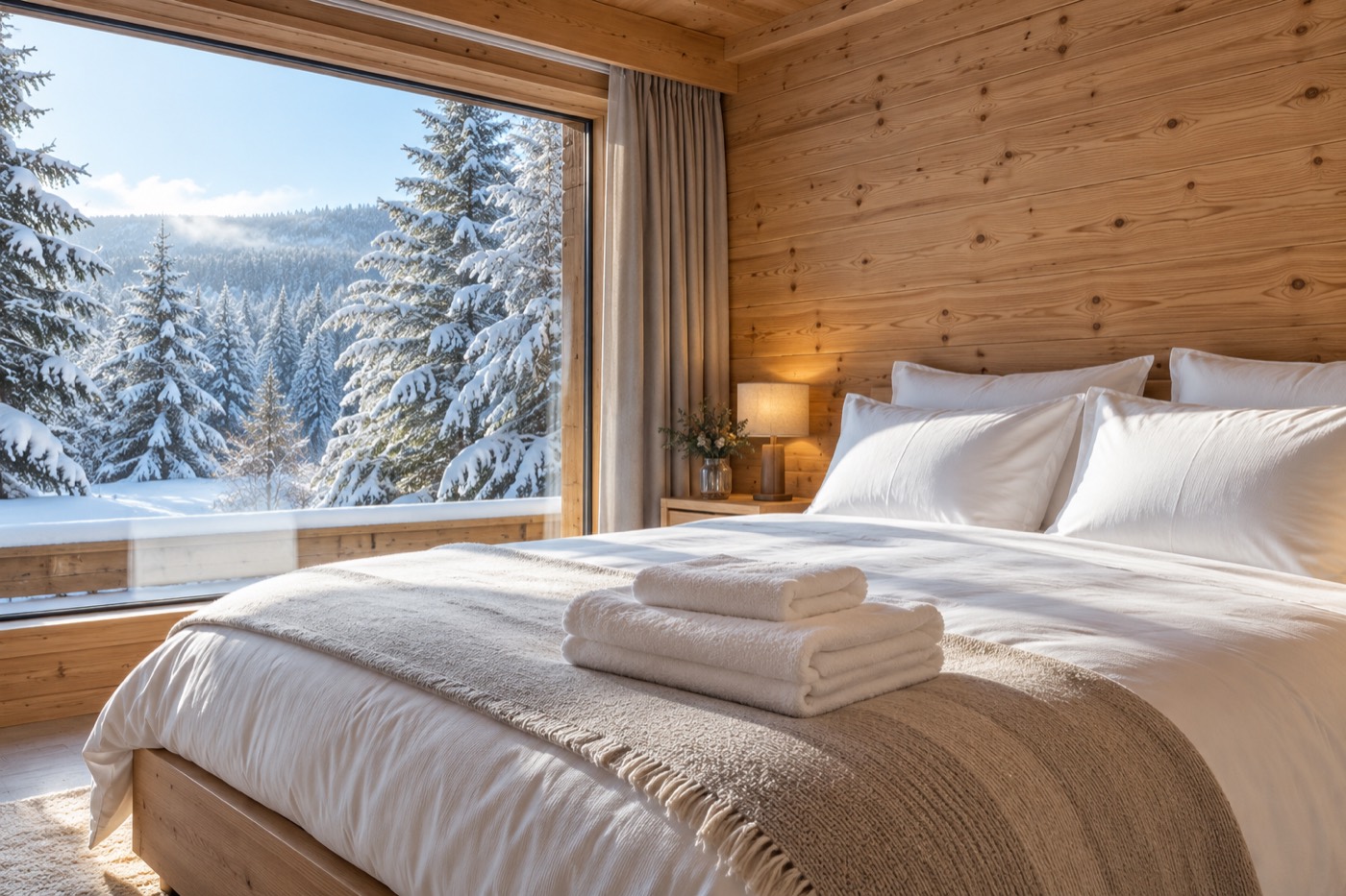 Chambre de chalet locatif prête pour les voyageurs, draps blancs et serviettes pliées