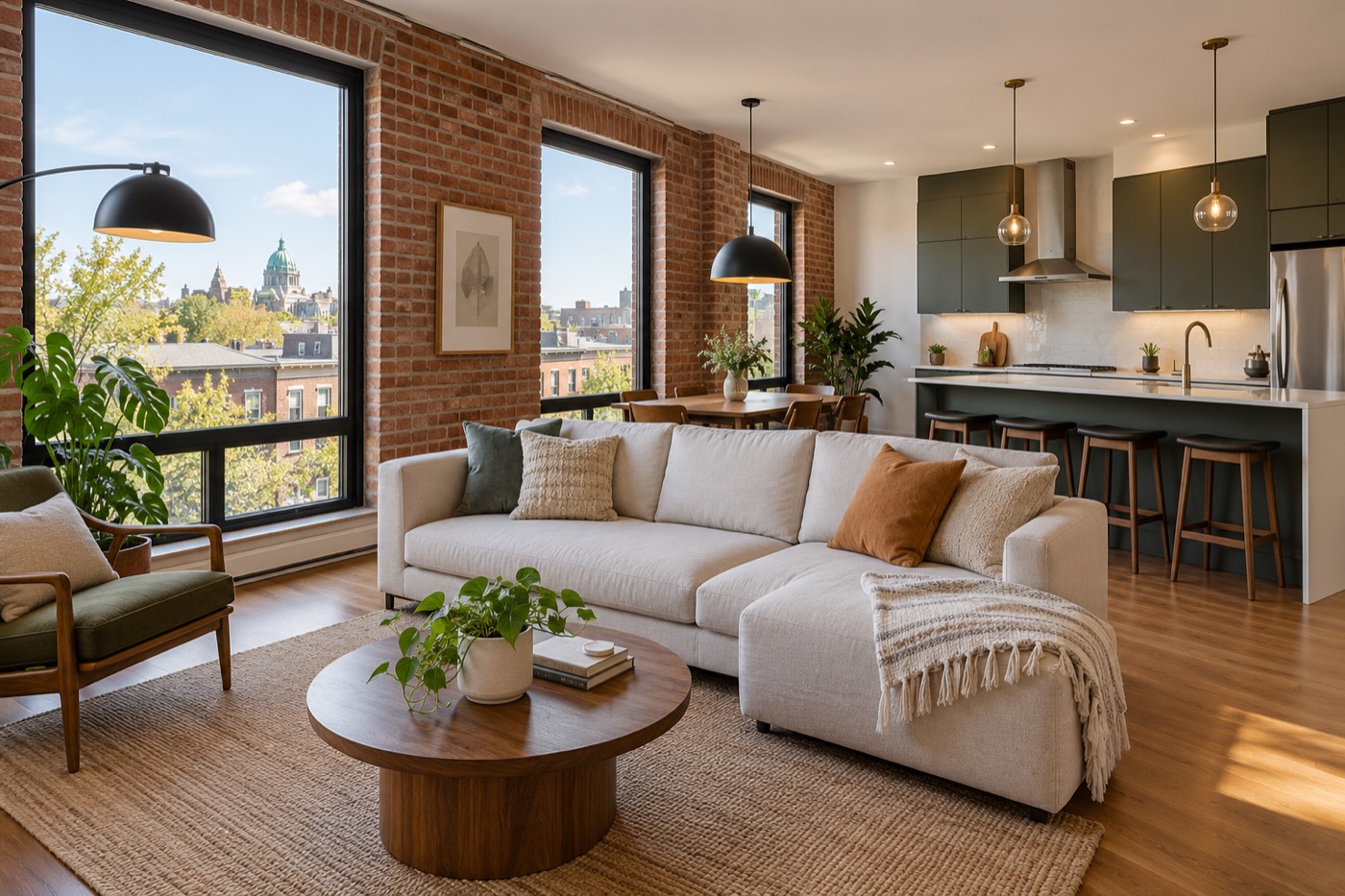 Condo de location courte durée à Montréal, cuisine et salon propres et lumineux