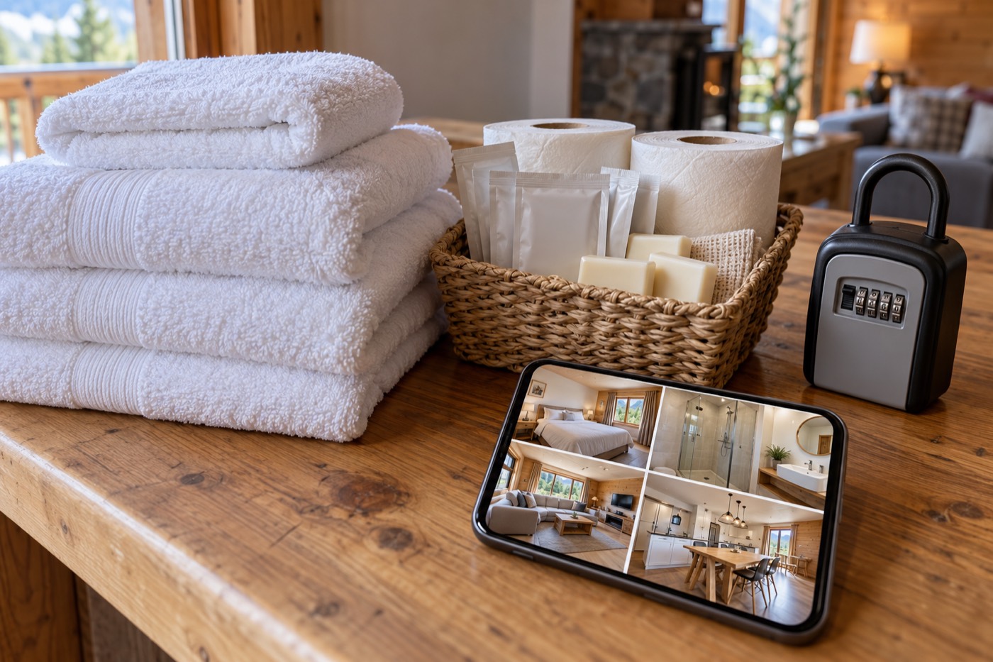 Serviettes propres pliées, produits d'accueil, boîte à clés et rapport photo sur téléphone