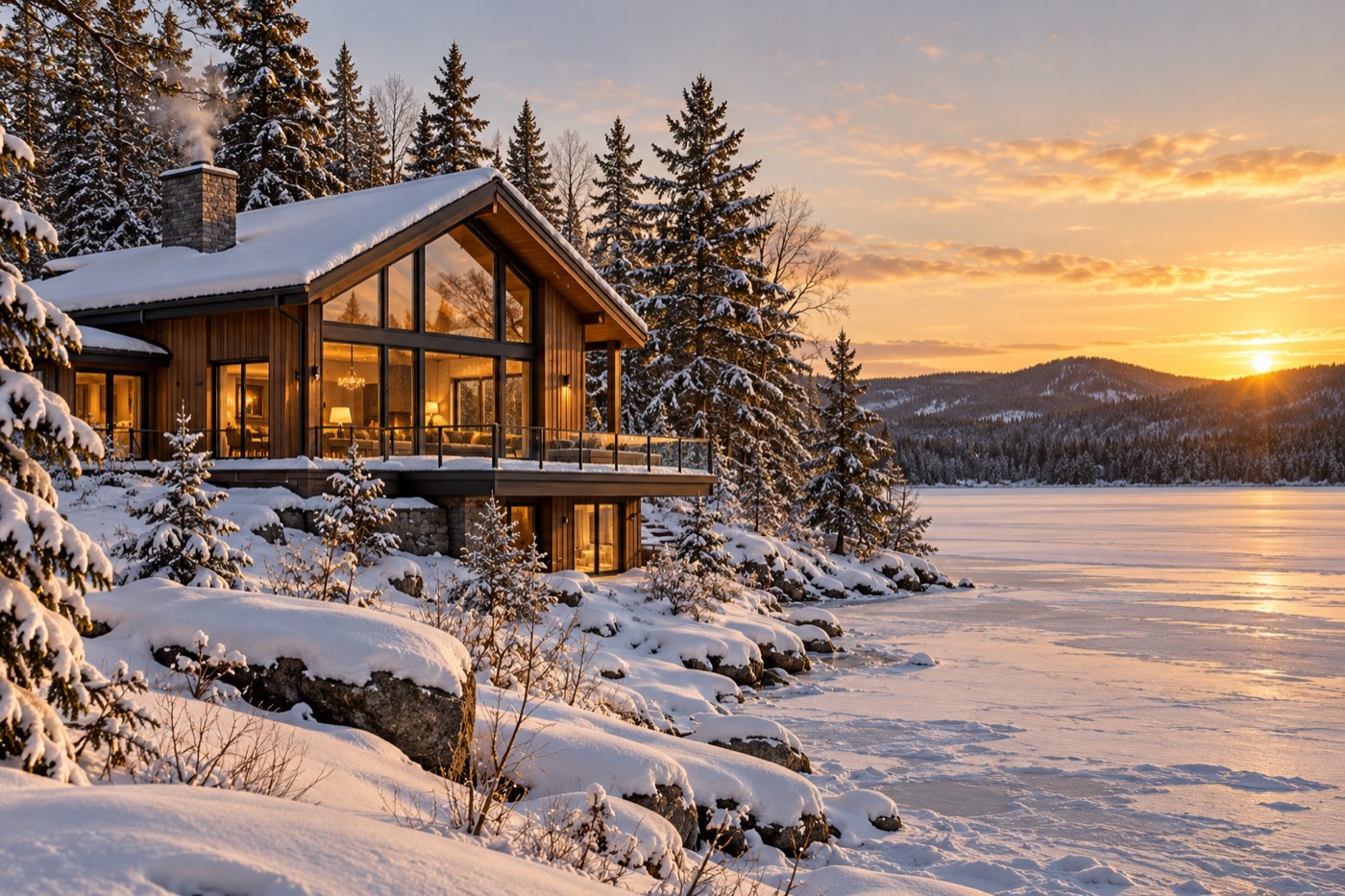Chalet locatif en bois au bord d'un lac gelé dans les Laurentides, au coucher du soleil en hiver