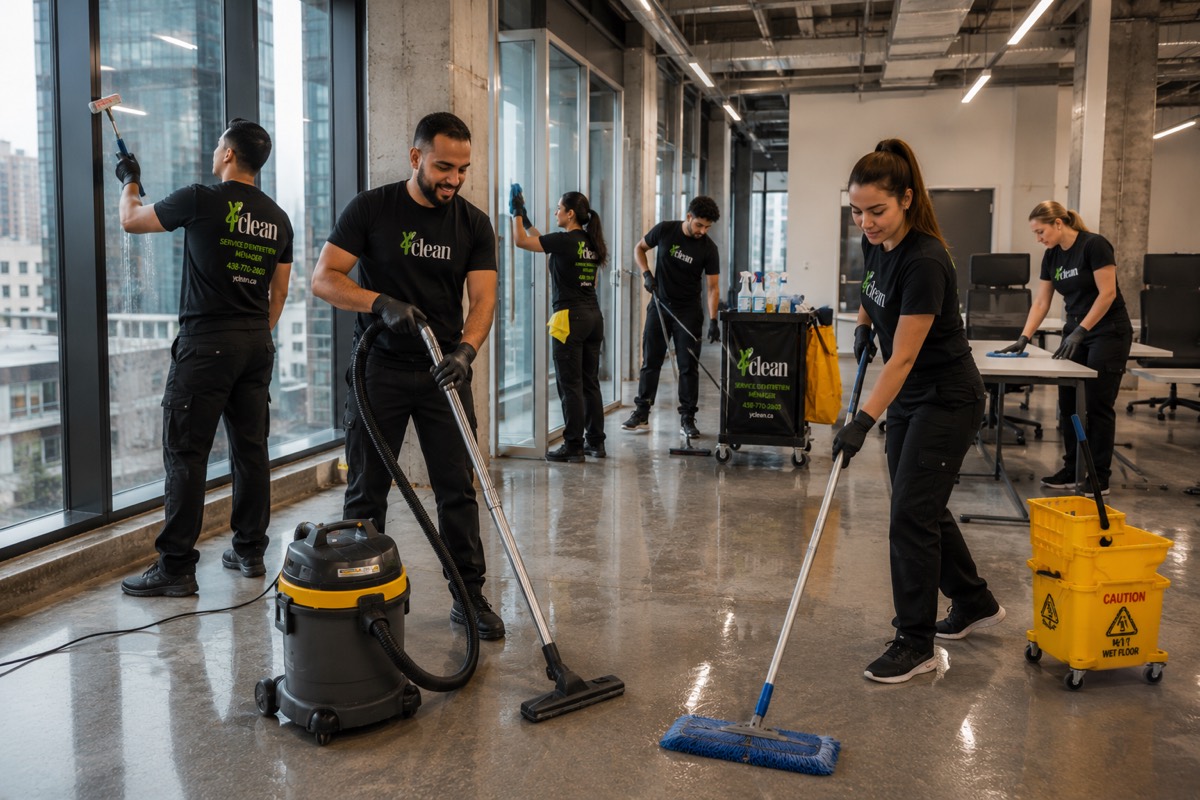 Équipe Y CLEAN en uniforme pendant l'entretien d'un bureau à aire ouverte