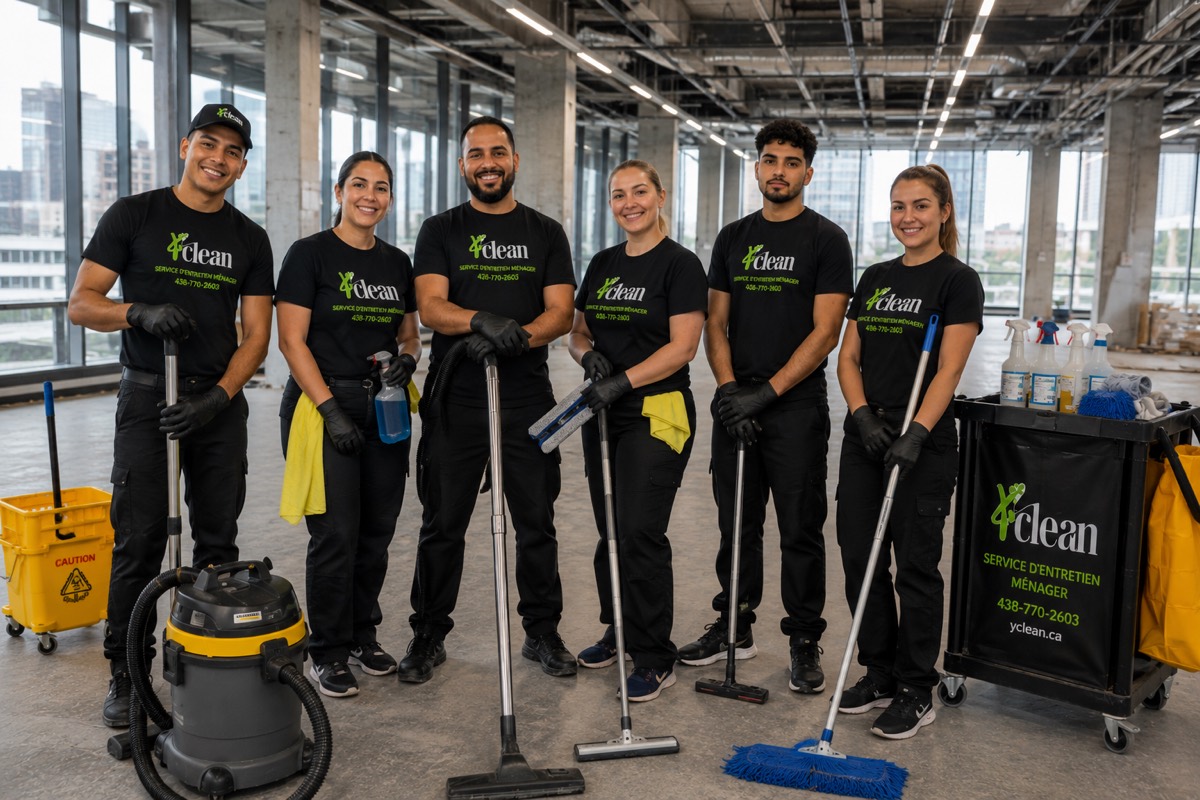 Équipe d'entretien commercial Y CLEAN en uniforme, basée à Repentigny
