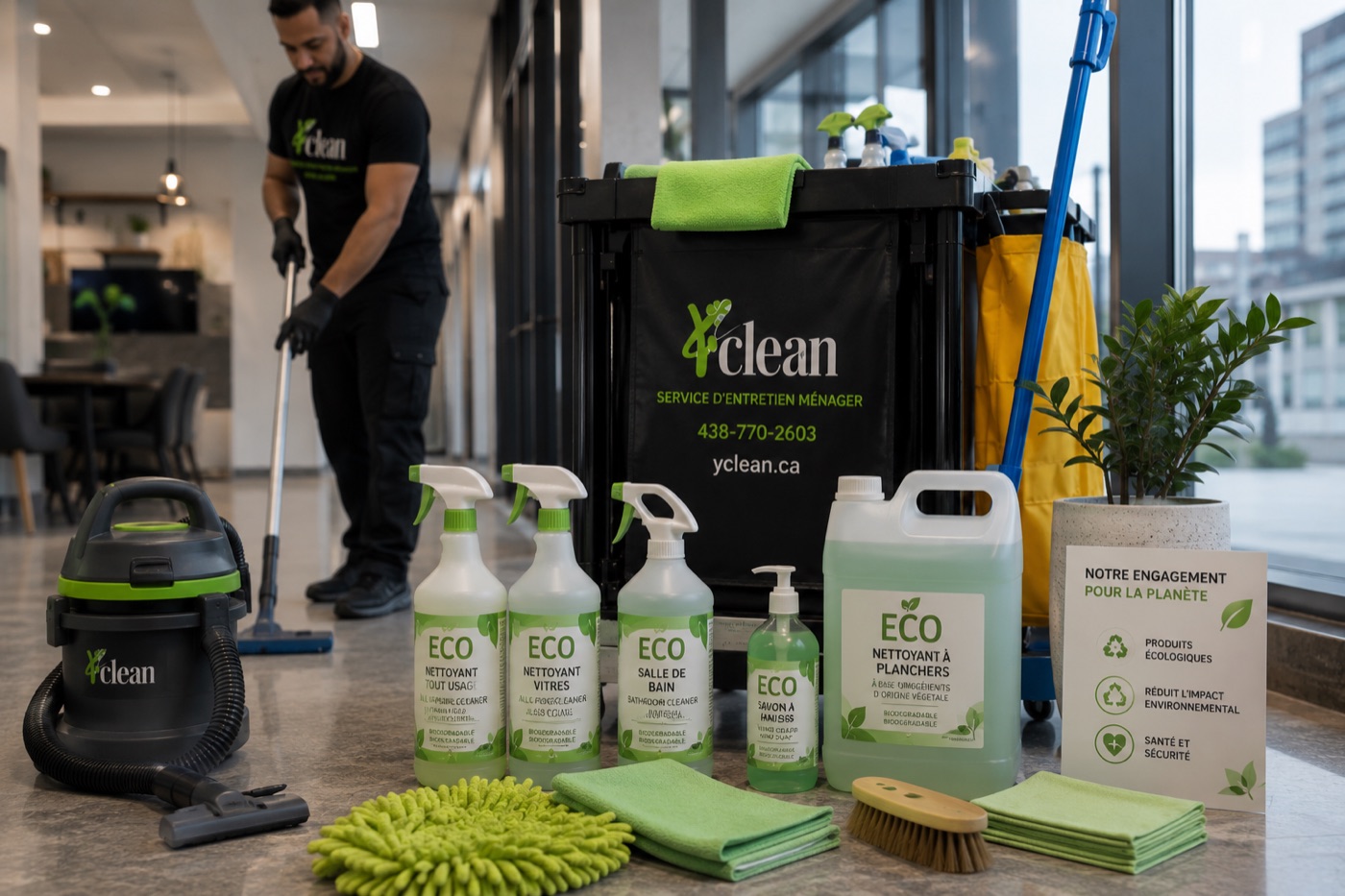 Y CLEAN team member in uniform with eco-friendly products and deep cleaning equipment