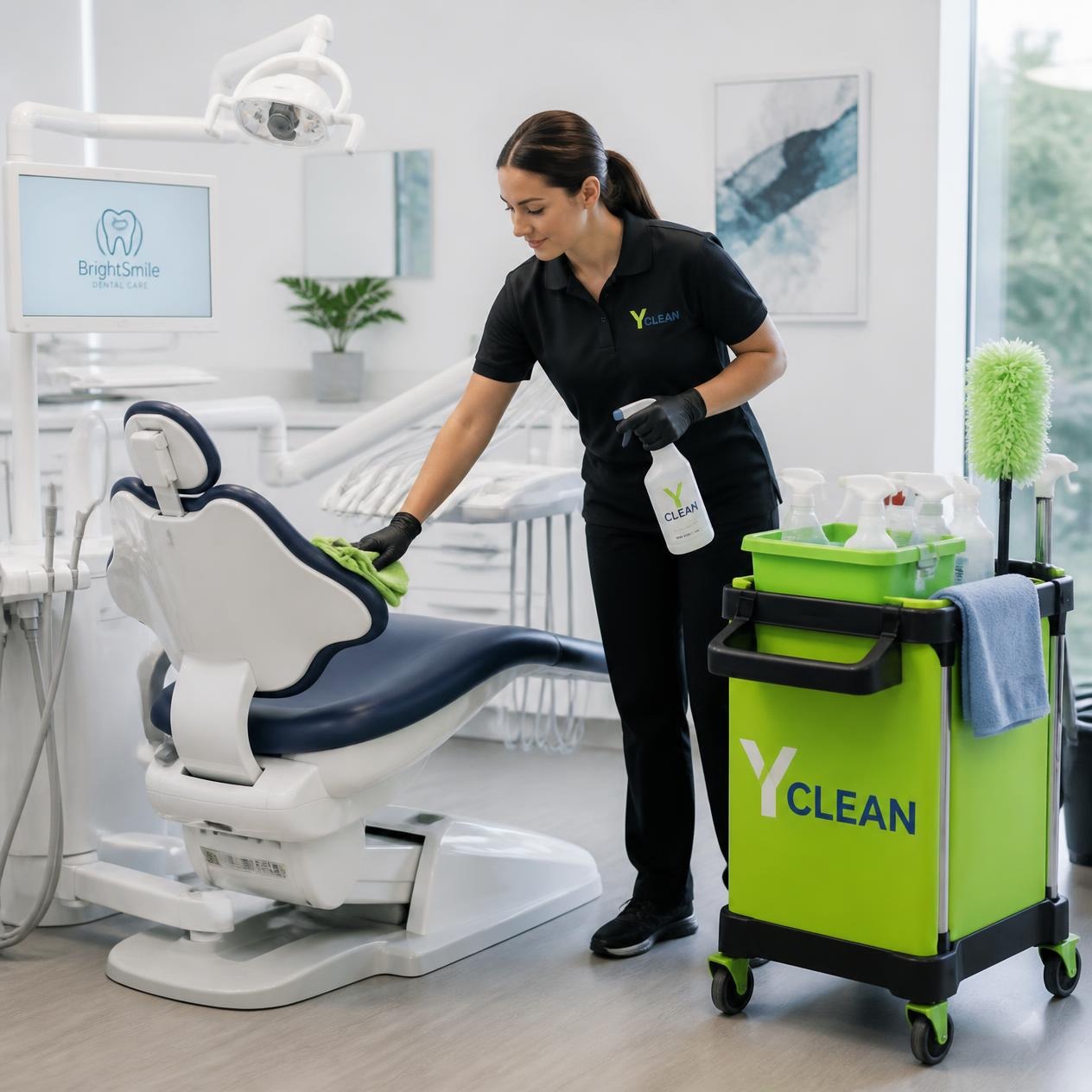 Y CLEAN attendant disinfecting a dental clinic chair