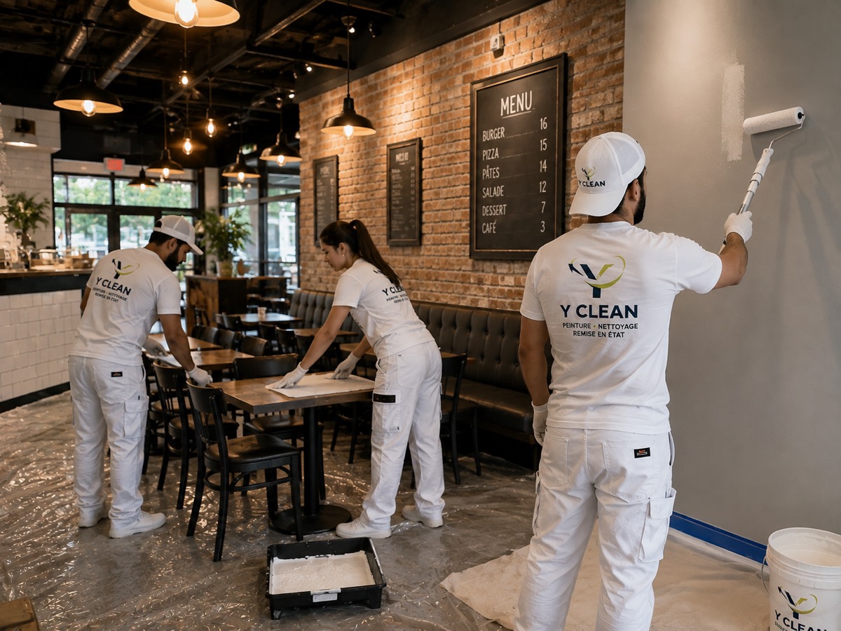 Y CLEAN crew repainting a restaurant dining room in Montreal outside opening hours